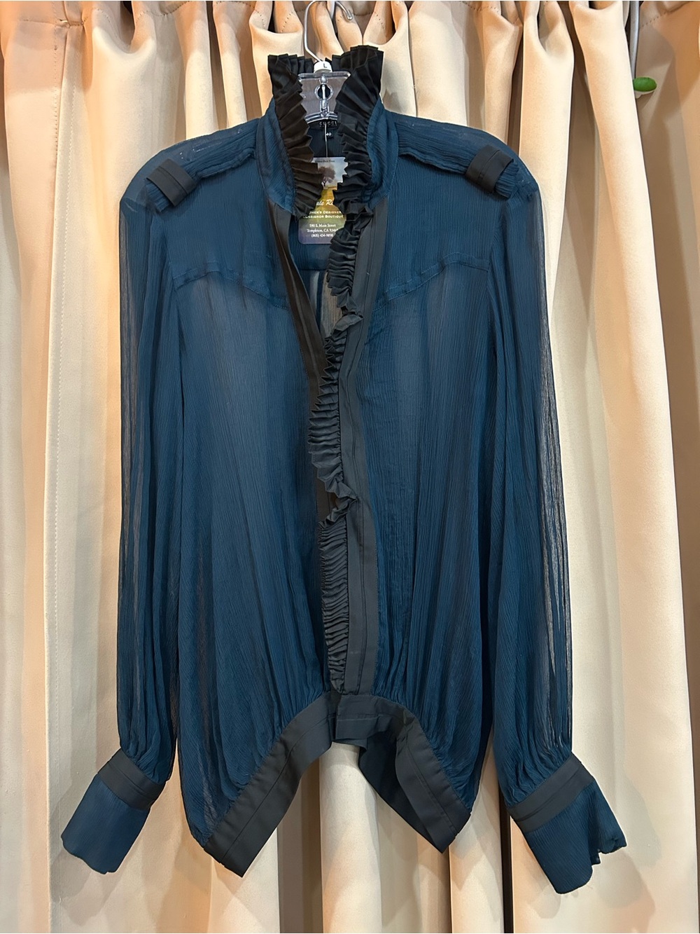 Gucci Dark Teal Sheer Ruffle-Front Blouse